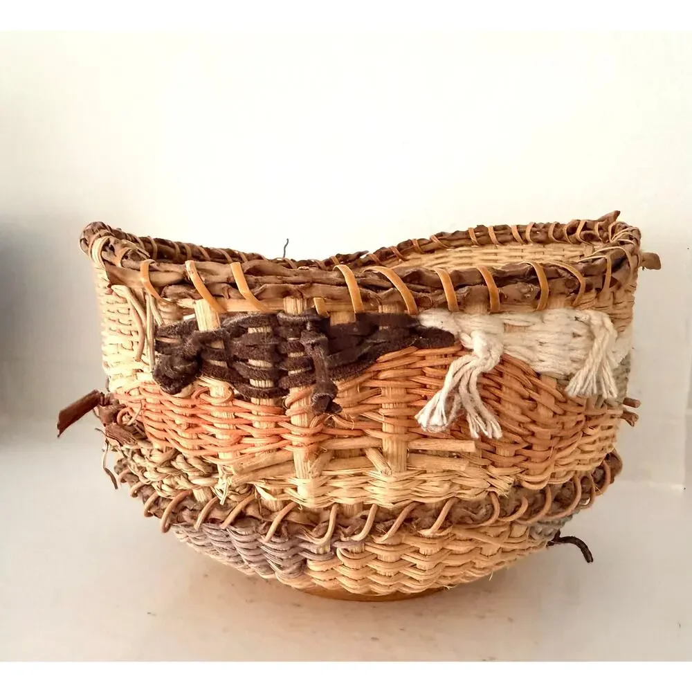 Vintage Handcrafted Tapestry Basket Woven Signed Artisan Folk Art Edna Zaremba